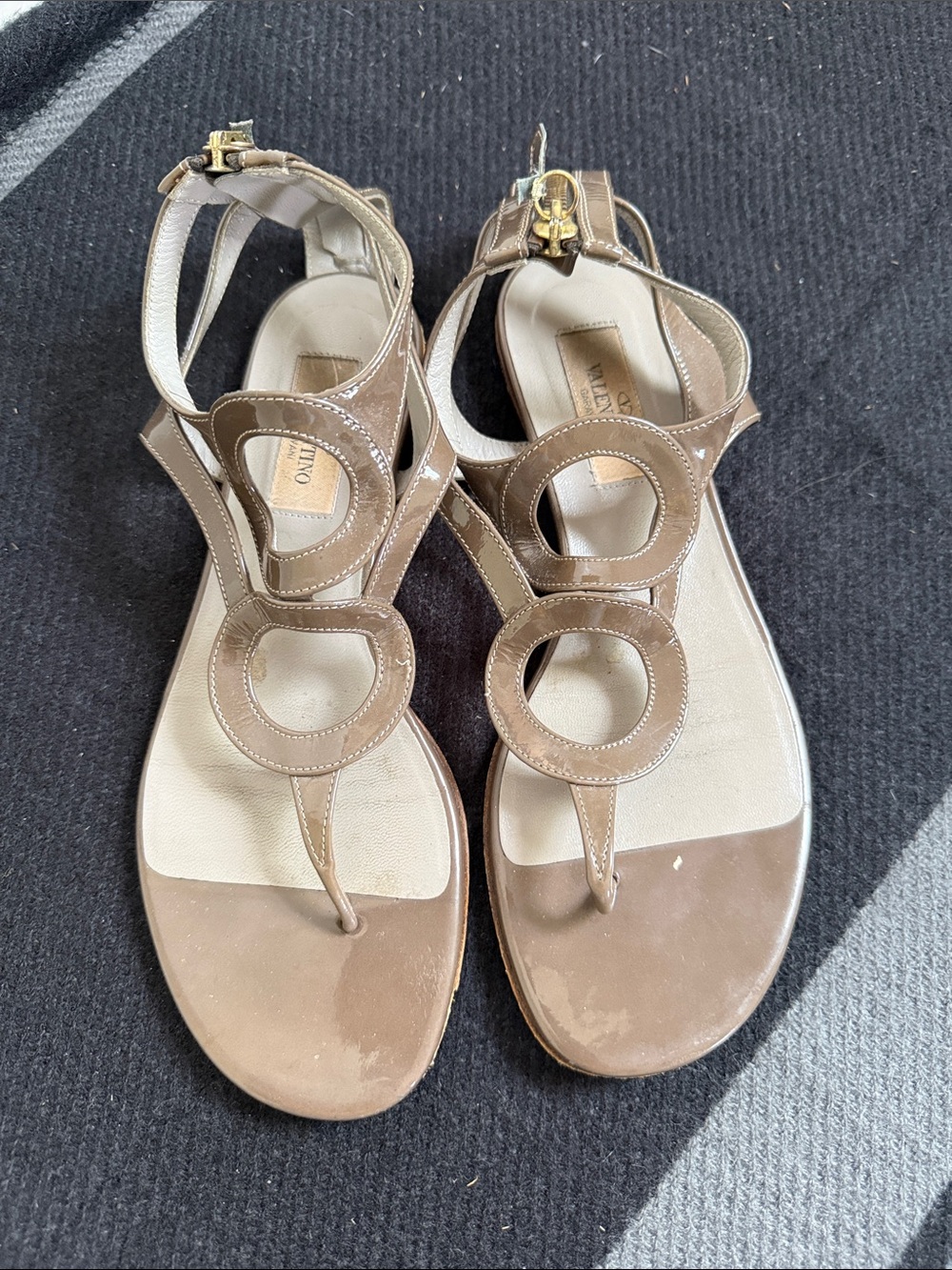 Valentino Taupe Leather Circle-Detail Toe-Post Sandals